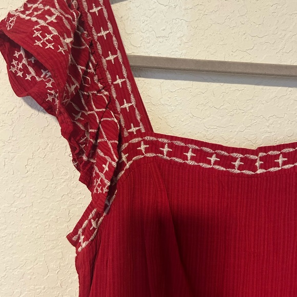 Red Embroidered Boho Midi Dress, Tiered Cotton Sundress, Cottagecore Dress - Picture 4 of 9